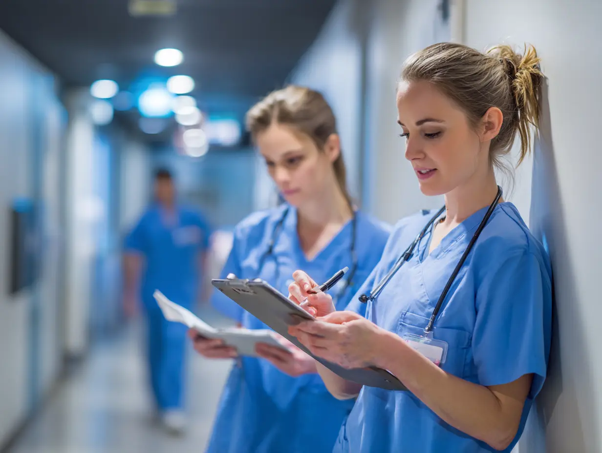 Registered Nurse professional reviewing resumes.